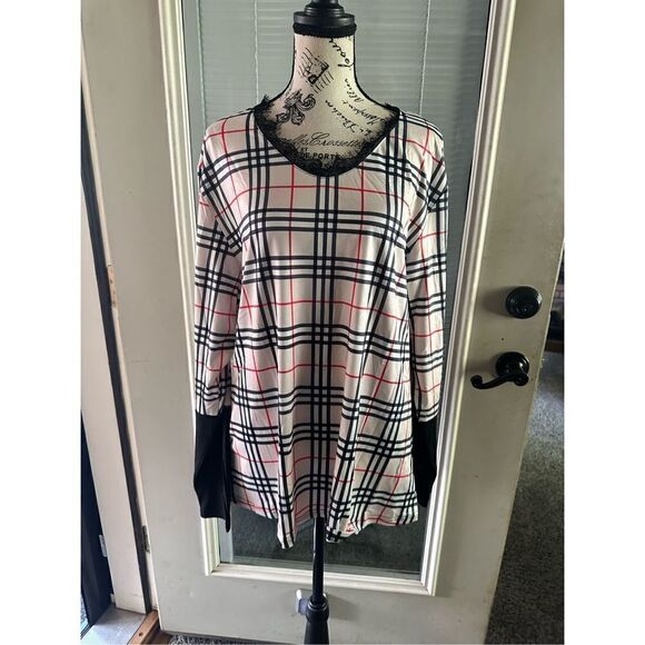 NWT tan and black plaid long sleeve top. Bottom, black part of the sleeve is a h - Picture 1 of 12